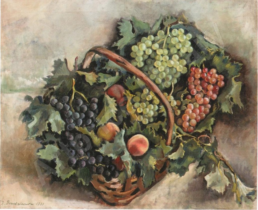 Basket with grapes and peaches