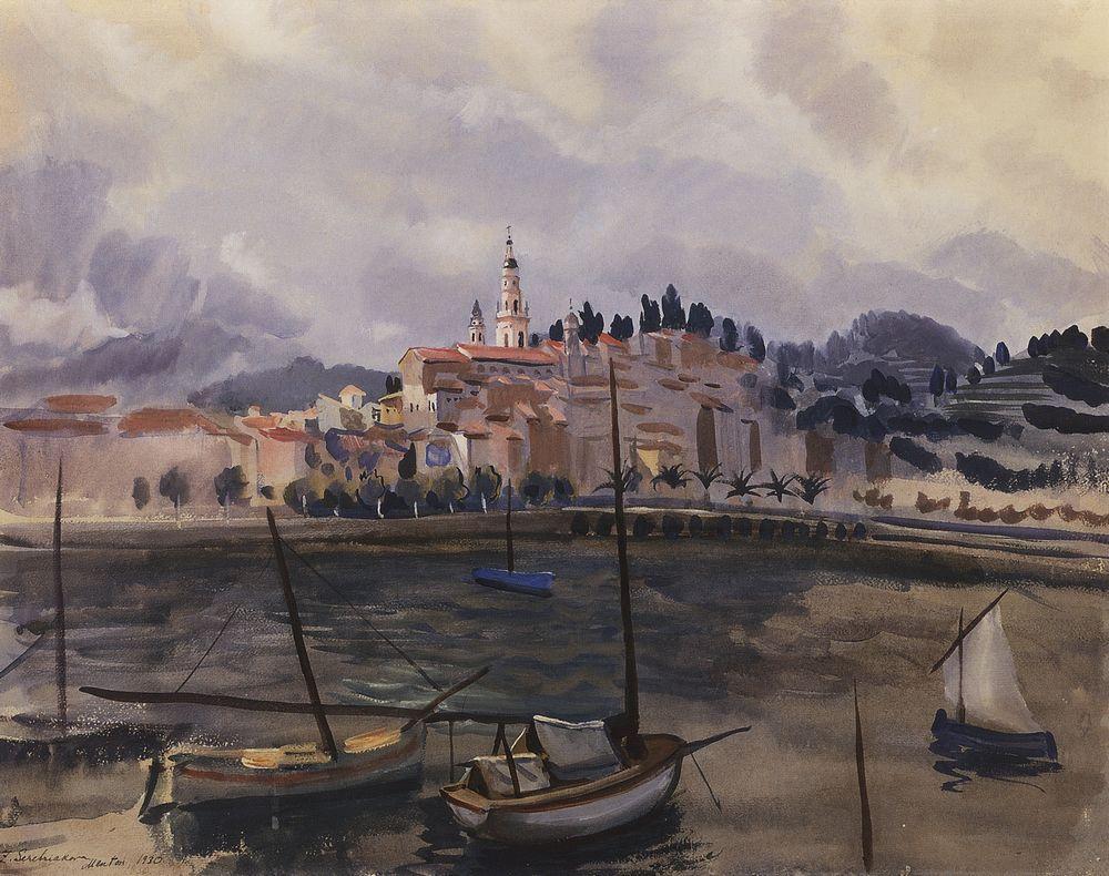 Menton. View from the harbor of the city