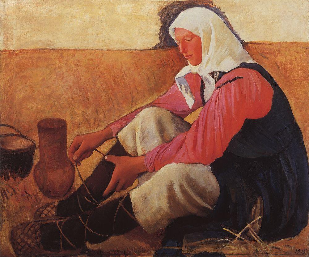 Peasant woman getting her shoes on