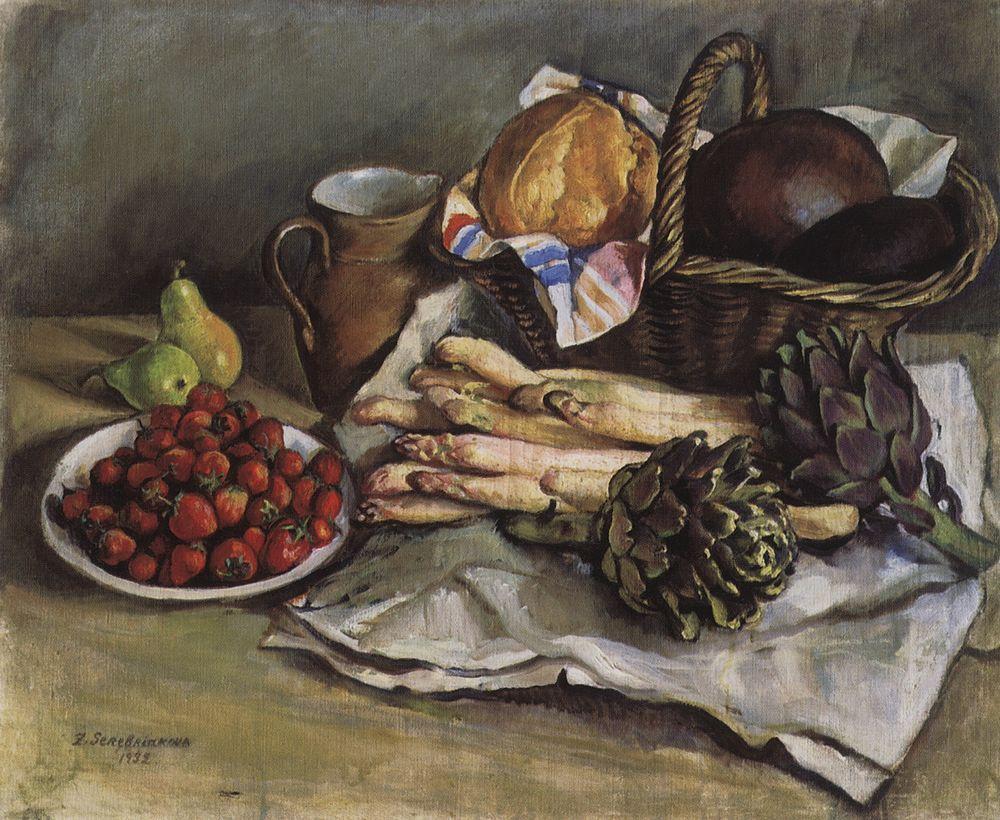 Still life with asparagus and strawberries
